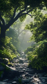 Forest stream passage with dense canopy coverage and diffused light penetration.