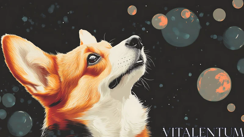 Corgi portrait gazing at glowing pastel planets in space.
