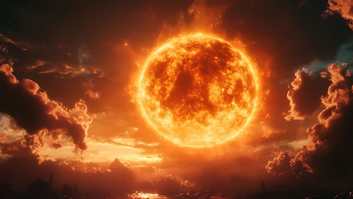 Gigantic fiery sun dominating storm lit alien sky.