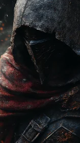 Mysterious hooded wanderer wrapped in weathered crimson cloth.