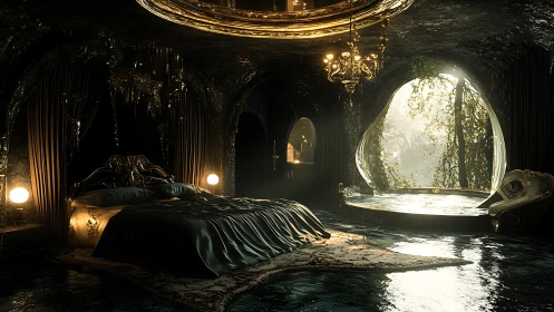 Dreamy forest-view bedroom with glowing golden luxury decor.