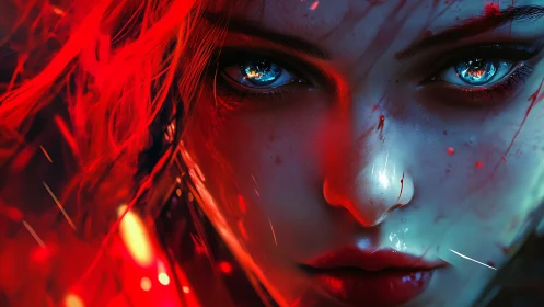 Close digital portrait shows blue-eyed face in red lighting