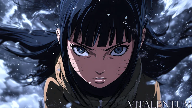 Storm-eyed kunoichi charges forward through frozen resolve