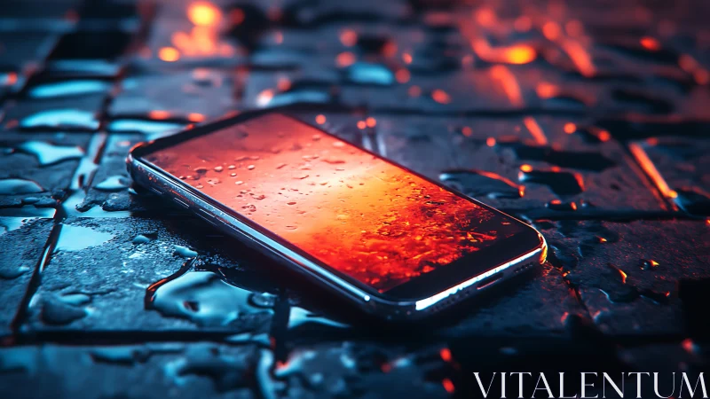 Smartphone lies on wet tiled surface under colored lighting