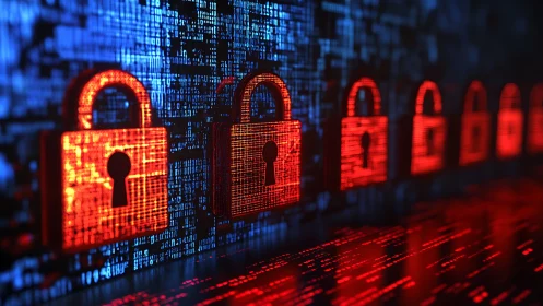 Glowing digital padlocks guard streams of encrypted data.