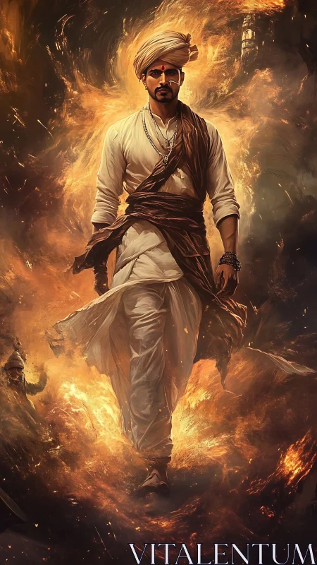 Warrior saint strides through blazing inferno of light.