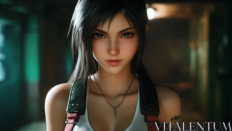 Warrior girl portrait under moody corridor lighting.