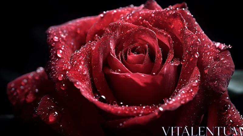 Deep red rose with water droplets against dark background