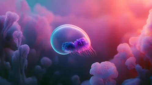 Bioluminescent jellyfish drifting through neon coral haze.