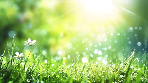 Morning sunlight gently warms dewy grass and wildflowers