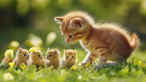 Ginger Tabby Kittens in Sunlit Meadow with Mother Cat.