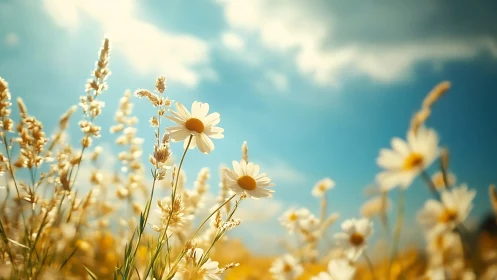 Sunlit daisies glow in soft focus summer meadow panorama.