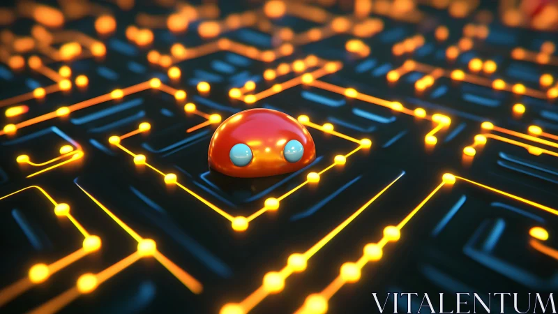 Orange robot node on illuminated circuit-like grid.