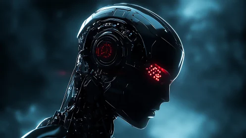 Cyborg head rendered in profile against diffuse blue background