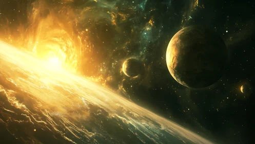 Golden cosmic sunrise over distant swirling planets.