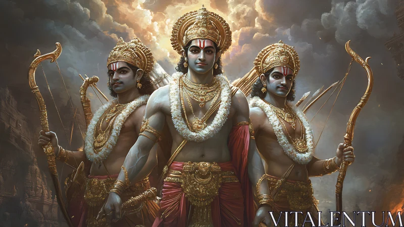 Warrior trinity glows in stormlit clouds of mythic resolve