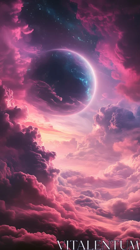 Celestial planet emerging within electric pink nebula clouds.