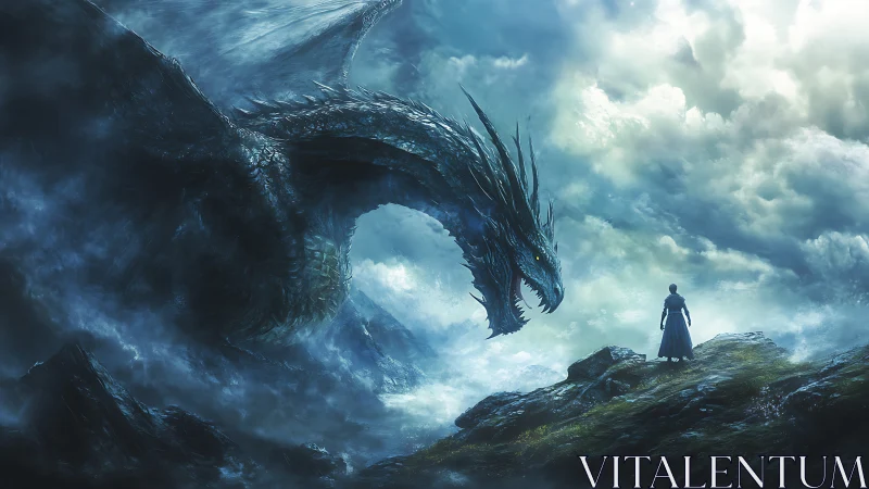 Lone warrior confronts colossal dragon in a stormy sky