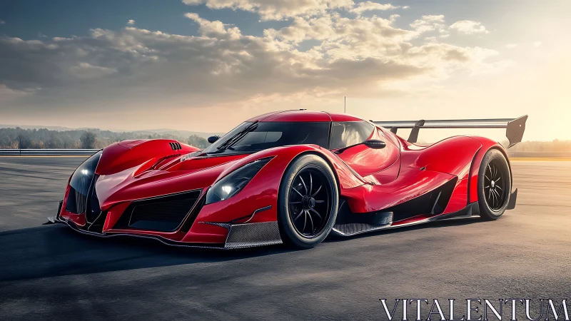 Crimson hypercar prowls sunlit tarmac in sculpted fury.