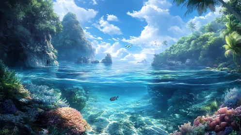 Sunlit tropical cove welcomes coral reefs and calm blue sea