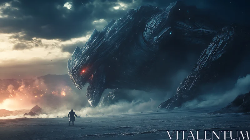 Colossal biomechanical kaiju confronting lone armored figure