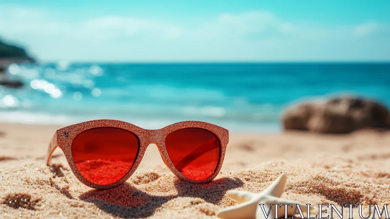 Sunlit red sunglasses rest warmly on a golden beach