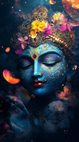 Digital painting of celestial blue deity portrait with florals.