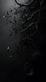 Moody midnight branches drifting through quiet shadowed mist.