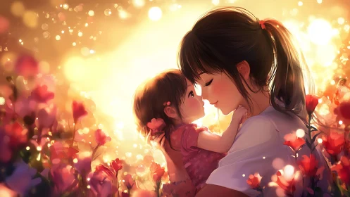Mother and child share a glowing embrace in a flower field