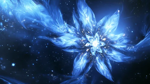Blue cosmic energy flower bursts in deep space scene.