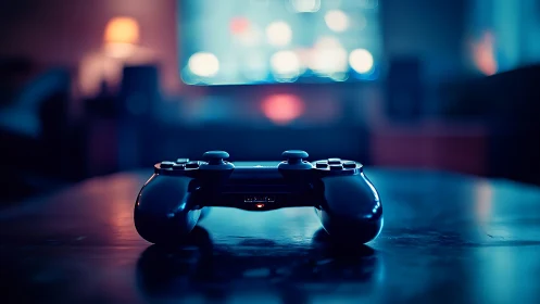 Gaming controller positioned on reflective surface with bokeh backdrop