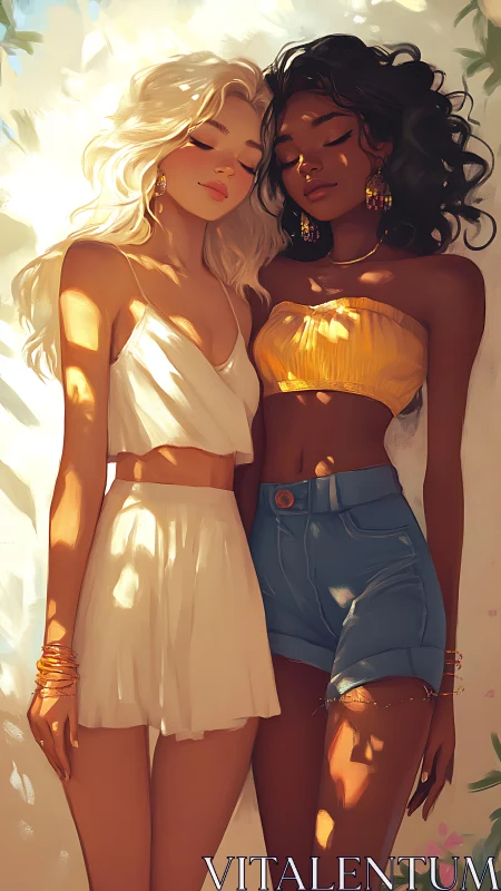 Two sunlit women rest close under soft dappled summer light