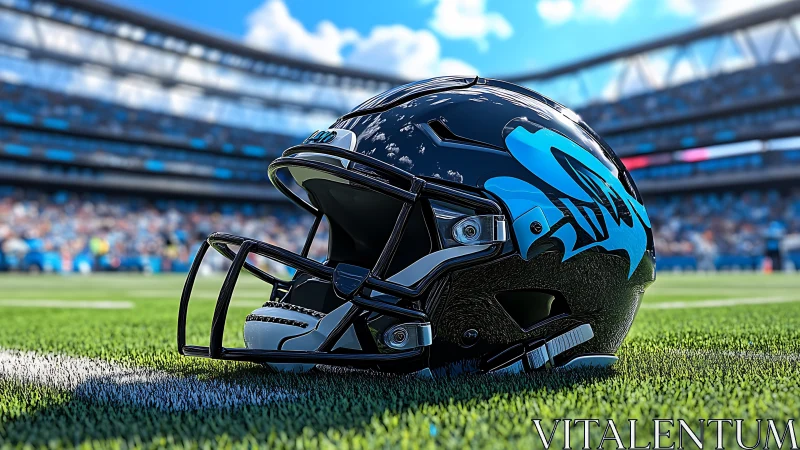 Shiny black football helmet rests on sunlit stadium field.