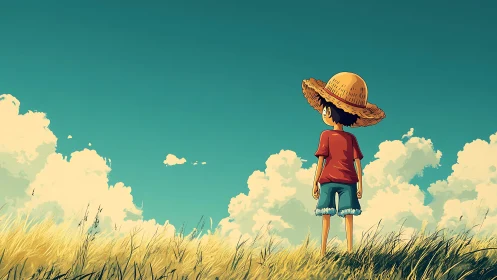 Youthful figure in straw hat surveying sunlit summer sky.
