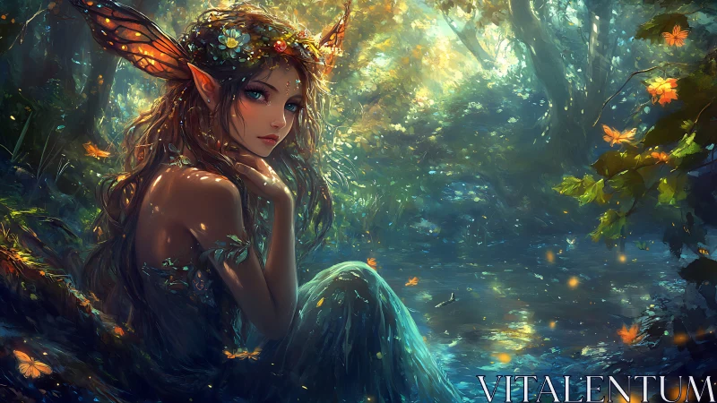Forest fae dreaming beside a firefly-lit moonlit stream.