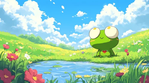 Big-eyed frog overlooks bright wildflower pond meadow.
