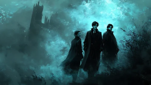 Triad of cloaked figures traverses cyan fog near ruined spires