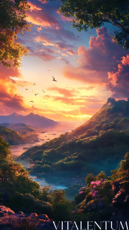 Radiant river valley under volumetric sunset cloudscape.