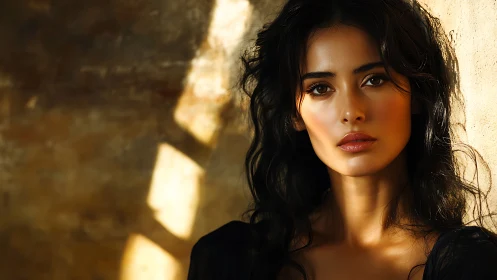 Sunlit portrait captures a serene woman against rustic wall