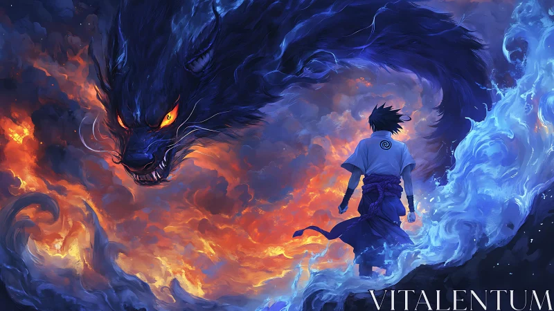 Human figure confronting large spectral beast in flames.