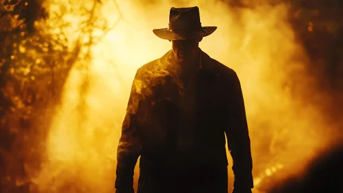 Silhouetted adventurer strides through blazing golden haze