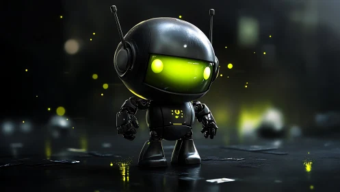 Small black robot stands on reflective surface in dim light