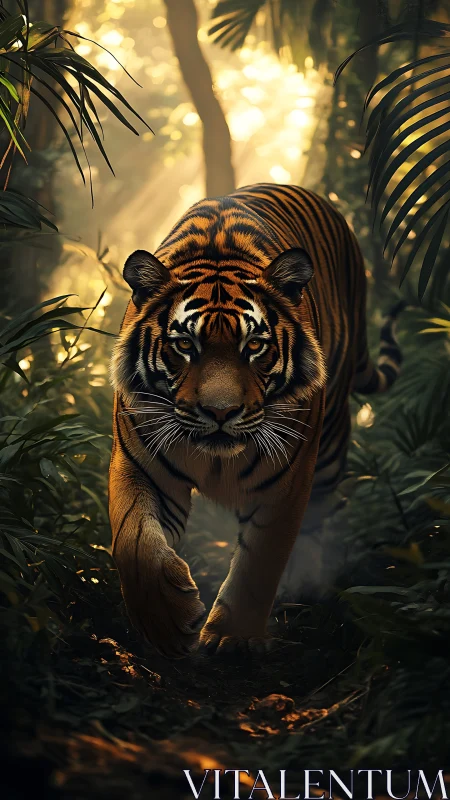 Majestic tiger stalks through glowing jungle underbrush