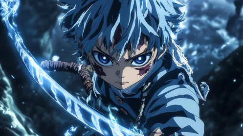 Blue haired anime swordsman with glowing blade and lightning arc