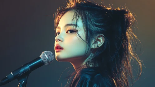 Moody singer in profile under teal and amber rim light.