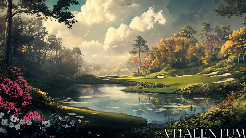 Idyllic lakeside fairway rendered in luminous digital painting