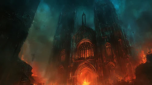 Gothic Cathedral Structure Engulfed in Flames