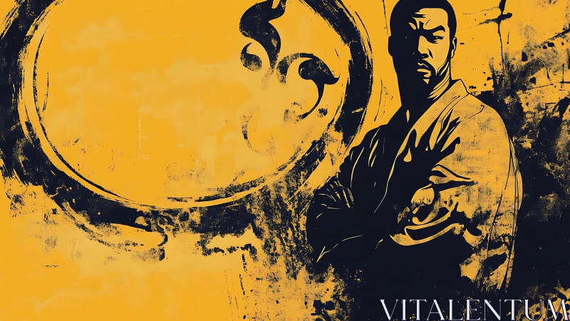 Martial artist stands defiant amid bold ink and amber haze