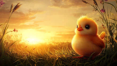 Cute yellow chick in glowing sunset meadow scene.