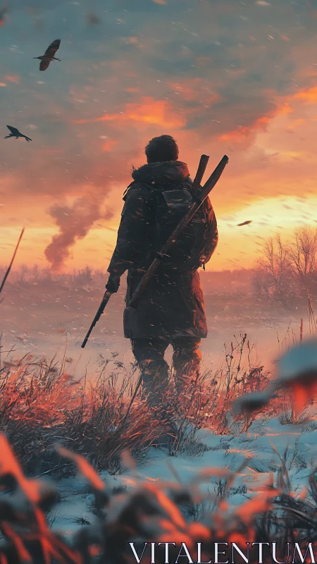 Solitary winter wanderer surveys burning horizon at dusk